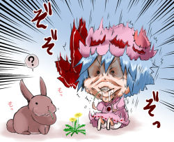 Rule 34 | 1girl, ?, bad id, bad pixiv id, bloomers, blue hair, bow, brooch, rabbit, chibi, commentary, dandelion, dress, drooling, eating, flower, hat, hat bow, jewelry, mob cap, noai nioshi, patch, pink dress, remilia scarlet, short hair, short sleeves, sitting, solid circle eyes, ^^^, surprised, sweat, touhou, translated, twitching, underwear