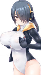 Rule 34 | 10s, 1girl, 3:, after paizuri, black hair, black jacket, blush, breasts, breasts squeezed together, brown eyes, closed mouth, covered navel, cowboy shot, cum, cum on body, cum on breasts, cum on upper body, cum string, emperor penguin (kemono friends), hair over one eye, headphones, heavy breathing, highleg, highleg leotard, hip focus, hood, hoodie, jacket, kemono friends, large breasts, leotard, long hair, looking at viewer, multicolored hair, open clothes, open hoodie, simple background, solo, streaked hair, torn clothes, turtleneck, uni8, white background, white leotard, yellow eyes