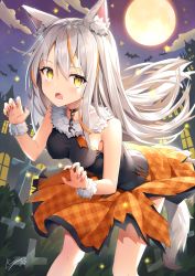 Rule 34 | 1girl, animal ears, bad id, bad pixiv id, bat (animal), blush, breasts, commentary request, cross, dress, fang, fingernails, floating hair, full moon, fur collar, hair between eyes, halloween, highres, long fingernails, long hair, looking at viewer, medium breasts, moon, multicolored hair, nail polish, night, open mouth, original, plant, rin yuu, sidelocks, signature, silhouette, silver hair, sleeveless, solo, standing, star (symbol), tail, two-tone hair, wolf ears, wolf tail, yellow eyes