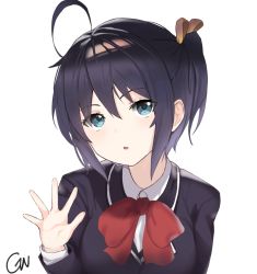 Rule 34 | 1girl, :o, ahoge, bad id, bad pixiv id, black hair, blue eyes, bow, bowtie, brown ribbon, chuunibyou demo koi ga shitai!, collared shirt, commentary request, eyepatch, gunu (nyzn3223), hair ribbon, hand up, icho private high school uniform, long sleeves, looking at viewer, medical eyepatch, one side up, red bow, red bowtie, ribbon, school uniform, shirt, short hair, signature, simple background, solo, takanashi rikka, thighhighs, white background