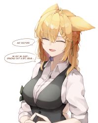 Rule 34 | 1girl, absurdres, animal ears, arknights, black vest, blonde hair, braid, buttons, collared shirt, english text, closed eyes, fingers together, green hair, hair between eyes, hair ribbon, highres, kroos (arknights), kroos the keen glint (arknights), long hair, multicolored hair, official alternate costume, open mouth, rabbit ears, ribbon, shirt, simple background, solo, speech bubble, streaked hair, upper body, vest, white background, white shirt, yuu azma