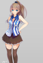 Rule 34 | 10s, 1girl, :d, armpits, arms behind back, bare shoulders, blue eyes, blush, breasts, brown hair, brown skirt, brown thighhighs, cleavage, cleavage cutout, clothing cutout, copyright name, employee uniform, hand on own hip, headgear, highres, kantai collection, kumano (kancolle), lawson, name tag, open mouth, pleated skirt, shirt, signature, skirt, sleeveless, sleeveless shirt, smile, solo, striped clothes, striped shirt, tareme, tebi (tbd11), thighhighs, uniform, vertical-striped clothes, vertical-striped shirt, zettai ryouiki