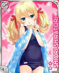 Rule 34 | 1girl, :o, aqua eyes, barefoot, blonde hair, blue eyes, blush, card (medium), character name, competition swimsuit, girlfriend (kari), hair ribbon, official art, one-piece swimsuit, open mouth, pink background, qp:flapper, quaver, ribbon, shiratori shiori, shy, solo, standing, swimsuit, tagme, towel, twintails, wavy hair