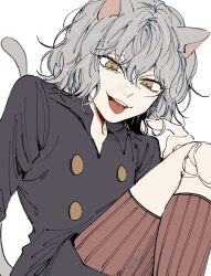 Rule 34 | 1other, androgynous, animal ears, brown eyes, cat ears, cat tail, chimera ant, curly hair, highres, hunter x hunter, karasuma (wbeach01), leg up, looking at viewer, neferpitou, other focus, short hair, simple background, smile, solo, tail, white background, white hair