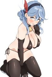 Rule 34 | 1girl, absurdres, ako (blue archive), bell, bikini, black bikini, black thighhighs, blue archive, blue collar, blue eyes, blue hair, blush, breasts, collar, cowbell, elbow gloves, gloves, hairband, halo, highres, kneeling, large breasts, micro bikini, neck bell, seihekiog, side-tie bikini bottom, simple background, solo, sweatdrop, swimsuit, thighhighs, thighs, white background