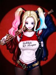 Rule 34 | 1girl, baseball bat, batman (series), blonde hair, blue eyes, blue hair, breasts, colored tips, dc comics, harley quinn, highres, lipstick, long hair, makeup, matching hair/eyes, multicolored hair, short shorts, shorts, solo, suicide squad, twintails, weapon
