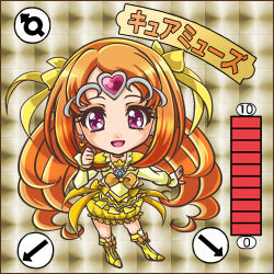 Rule 34 | 1041 (toshikazu), 10s, 1girl, boots, bow, brown background, character name, chibi, circlet, cure muse, cure muse (yellow), dress, earrings, hair ribbon, heart, jewelry, long hair, lowres, magical girl, orange hair, precure, purple eyes, ribbon, shirabe ako, smile, solo, suite precure, yellow dress