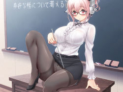 Rule 34 | 1girl, belt, black pantyhose, breasts, chalkboard, crotch seam, desk, fescue, glasses, headphones, high heels, lace, lace panties, large breasts, miniskirt, nitroplus, panties, panties under pantyhose, pantyhose, pantyshot, parted lips, pencil skirt, pink hair, red eyes, short hair, skirt, solo, super sonico, teacher, thighband pantyhose, underwear, upskirt, v-mag