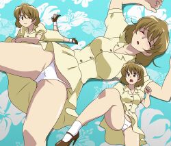 Rule 34 | 1girl, agent aika, ai (agent aika), aika (series), black delmo, blush, breasts, brown hair, closed eyes, closed mouth, highres, kuroyoshi, large breasts, looking at viewer, microskirt, multiple views, neckerchief, one eye closed, open mouth, panties, red neckerchief, saliva, short hair, skirt, smile, unconscious, underwear, white panties, wink