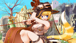 Rule 34 | 1girl, :d, adjusting clothes, adjusting headwear, belt, blonde hair, blue eyes, bow (music), breasts, brown headwear, brown shirt, cello, cleavage, covered wagon, crop top, day, instrument, large breasts, looking at viewer, mugen no fantasia, official art, open mouth, outdoors, shirt, sitting, smile, solo, spiral staircase, stairs, tail, thigh strap, tree, wagon