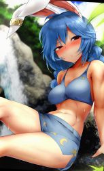 Rule 34 | 1girl, :/, adapted costume, ahoge, animal ears, bare shoulders, bikini, blue hair, blurry, blurry background, blush, breasts, closed mouth, cloud, cloudy sky, collarbone, commentary request, crescent print, day, depth of field, earclip, feet out of frame, highres, leaning back, long hair, looking at viewer, low-tied long hair, low twintails, medium breasts, mizuga, navel, nose blush, outdoors, rabbit ears, raised eyebrow, red eyes, seiran (touhou), sitting, sky, solo, star (symbol), star print, sweat, swimsuit, thighs, toned, touhou, twintails, water, waterfall