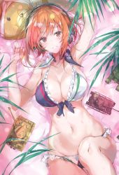 Rule 34 | 1girl, adapted costume, arms up, bikini, black bikini, boko (girls und panzer), breasts, brown eyes, brown hair, cleavage, commentary, detached collar, frilled bikini, frills, from above, front-tie bikini top, front-tie top, girls und panzer, groin, headphones, highres, holding, insignia, large breasts, leg up, looking at viewer, lying, military, military vehicle, motor vehicle, multicolored bikini, multicolored clothes, navel, nishizumi miho, on back, palm tree, panzer iv, panzer iv, partially unbuttoned, pulp piroshi, short hair, smile, solo, stuffed animal, stuffed toy, swimsuit, tank, teddy bear, throat microphone, tiger i, tree, water drop, wet, white bikini