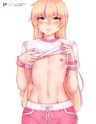 Rule 34 | 1boy, blonde hair, bluefield, blush, clothes lift, gym uniform, highres, lifted by self, looking at viewer, male focus, midriff, multicolored hair, navel, nipples, original, parted lips, shirt lift, short shorts, shorts, simple background, smile, solo, sweat, trap, two-tone hair, white background, wrist cuffs, yellow eyes