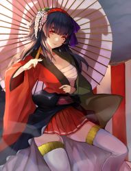 Rule 34 | 1girl, black hair, blush, breasts, cleavage, hair ornament, highres, japanese clothes, long sleeves, looking at viewer, md5 mismatch, oil-paper umbrella, original, red eyes, sarashi, settyaro, skirt, smile, solo, thighhighs, umbrella, white thighhighs, wide sleeves, zettai ryouiki