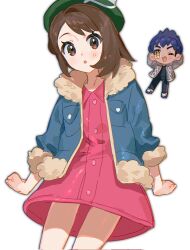 1boy 1girl arms_behind_head beanie black_leggings black_shirt blue_jacket brown_eyes brown_hair chibi creatures_(company) dark-skinned_male dark_skin dress fua1heyvot4ifsr fur-trimmed_jacket fur_trim game_freak gloria_(pokemon) green_hat grey_jacket hat highres hop_(pokemon) jacket leggings looking_at_viewer nintendo one_eye_closed open_clothes open_jacket open_mouth pink_dress pokemon pokemon_swsh pom_pom_(clothes) pom_pom_beanie purple_hair shirt simple_background white_background yellow_eyes