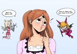Rule 34 | 3girls, angel, breasts, charlotte pudding, chibi, conis (one piece), devil, female focus, lips, long hair, multiple girls, one piece, resident drawfriend, sadi-chan, size difference, smile, thinking, thought bubble, twintails, wings