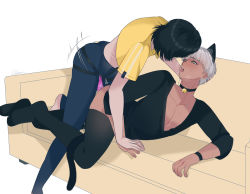 Rule 34 | 1boy, 1girl, anal, animal ears, ass, bell, black choker, black hair, black shirt, black thighhighs, cat boy, cat ears, cat tail, center opening, choker, couch, dildo, femdom, girl on top, long sleeves, looking at another, looking back, male penetrated, medium hair, on couch, open mouth, pants, pectorals, pegging, saliva, saliva trail, sex, sex toy, shirt, short sleeves, strap-on, tail, thighhighs, tongue, tongue out, wristband, yellow shirt