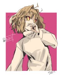 Rule 34 | 1girl, antenna hair, arcueid brunestud, bad id, bad twitter id, blonde hair, breasts, colored sclera, dark persona, grin, hair intakes, highres, melty blood, red eyes, red sclera, short hair, slit pupils, smile, solo, sost fgo, sweater, tsukihime, turtleneck, type-moon, red arcueid, yellow eyes