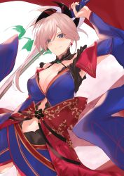 Rule 34 | 1girl, absurdres, asymmetrical hair, blue eyes, blue kimono, breasts, cleavage, clothing cutout, detached sleeves, earrings, fate/grand order, fate (series), hair ornament, highres, holding, holding sword, holding weapon, japanese clothes, jewelry, katana, kimono, large breasts, miyamoto musashi (fate), miyamoto musashi (third ascension) (fate), navel, navel cutout, pink hair, ponytail, sleeveless, sleeveless kimono, smile, solo, swept bangs, sword, unsheathed, weapon, wide sleeves, yuki maccha (yukimattya10)