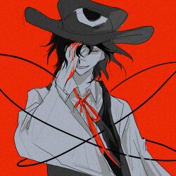 Rule 34 | 1other, absurdres, androgynous, blood, blood on hands, chinese commentary, collared shirt, commentary request, enraku tsubakura, film grain, hand over eye, hat, highres, len&#039;en, long sleeves, neck ribbon, open mouth, other focus, red background, red ribbon, ribbon, shirt, short hair, simple background, sketch, smile, solo, spot color, vest, wide sleeves, yiwanbulajinsiji320
