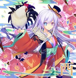 Rule 34 | 1girl, animal, bird, blue eyes, blush, bow, breasts, chicken, chinese zodiac, cleavage, closed mouth, cowboy shot, floating hair, floral background, green bow, hair between eyes, hat, heterochromia, holding, holding animal, japanese clothes, kimono, large breasts, light purple hair, long hair, looking at viewer, mini hat, mini top hat, nengajou, new year, nyori, original, petals, pink eyes, red kimono, rooster, sash, smile, solo, top hat, very long hair, white background, wide sleeves, year of the rooster