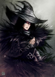 Rule 34 | 1girl, arm at side, aura, black dress, black hair, breasts, cowboy shot, cross-laced clothes, cross-laced sleeves, demon&#039;s souls, dress, gradient background, grey background, hand on own chest, hat, hat ribbon, heterochromia, highres, light particles, lips, looking at viewer, medium breasts, medium hair, mole, mole under eye, parted lips, ribbon, sad, shiny lips, sketch, solo, the golden smurf, turtleneck, witch hat, yuria the witch