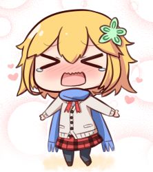 Rule 34 | &gt; &lt;, 1girl, black pantyhose, blonde hair, blue scarf, blush, brown cardigan, brown footwear, cardigan, closed eyes, commentary request, facing viewer, flower, fringe trim, gabriel dropout, green flower, hair between eyes, hair flower, hair ornament, hana kazari, heart, long sleeves, nose blush, open mouth, pantyhose, plaid, plaid skirt, pleated skirt, red skirt, scarf, skirt, solo, standing, tapris chisaki sugarbell, tears, wavy mouth