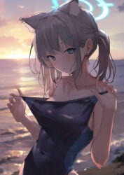 Rule 34 | 1girl, animal ear fluff, animal ears, bare arms, bare shoulders, black one-piece swimsuit, blue archive, blue eyes, blue halo, blush, breasts, closed mouth, competition swimsuit, extra ears, grey hair, halo, highres, looking at viewer, medium breasts, medium hair, mitsuru (pixiv 34028718), official alternate costume, one-piece swimsuit, shiroko (blue archive), shiroko (swimsuit) (blue archive), solo, swimsuit, upper body, wolf ears