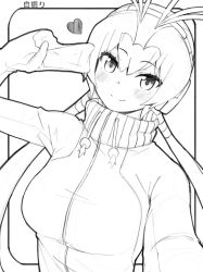 Rule 34 | 1girl, blush, commentary, deku suke, drawstring, eyes visible through hair, greyscale, hair between eyes, headphones, heart, highres, kemono friends, leaning to the side, long hair, looking at viewer, low twintails, monochrome, royal penguin (kemono friends), selfie, smile, solo, translated, turtleneck, twintails, upper body, v