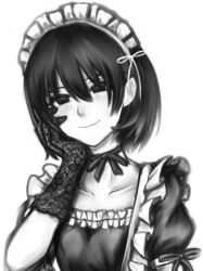 Rule 34 | 1girl, alternate costume, apron, arm at side, black dress, black eyes, black hair, bob cut, breasts, closed mouth, collarbone, commentary, dress, empty eyes, enmaided, frilled apron, frilled dress, frilled hairband, frills, greyscale, hair between eyes, hairband, hand on own cheek, hand on own face, hand up, highres, looking at viewer, maid, maid headdress, monochrome, monogatari (series), oshino ougi, puffy short sleeves, puffy sleeves, short hair, short sleeves, simple background, small breasts, smile, solo, tsukihi shida, upper body, white apron, white background, white hairband