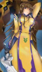 Rule 34 | 1girl, adapted costume, alternate costume, arm behind back, arm behind head, arm up, blue eyes, blurry, bodysuit, breasts, brown hair, chinese clothes, depth of field, emblem, flipped hair, from below, gloves, grey hair, hair between eyes, hair intakes, hair ribbon, hip focus, holding, holding sword, holding weapon, large breasts, long hair, looking at viewer, mecha, muv-luv, muv-luv alternative, muv-luv total eclipse, parted lips, pilot suit, purple eyes, ribbon, robot, sidelocks, solo, standing, sword, tabard, takamura yui, takemikaduchi, taut clothes, tress ribbon, very long hair, weapon, xanadu