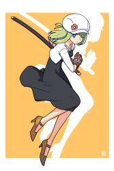 Rule 34 | 1girl, black dress, blue eyes, brown footwear, brown gloves, cabbie hat, commentary, dress, drop shadow, fighting stance, gloves, green hair, hair over one eye, hat, high heels, highres, holding, holding sheath, jacket, katana, long hair, muu (mumumer), open clothes, open jacket, orange background, original, ponytail, ready to draw, sheath, sheathed, shoes, short sleeves, solo, sword, two-tone background, weapon, white background, white hat, white jacket, yunomiya agari