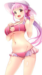 Rule 34 | 1girl, aru (arudes), bikini, bikini skirt, blush, breasts, brown eyes, cleavage cutout, clothing cutout, eyebrows hidden by hair, hat, highres, kazairo kotone, large breasts, long hair, looking at viewer, navel, open mouth, pink bikini, pink hair, ponytail, rpg fudousan, simple background, smile, solo, swimsuit, underboob, white background