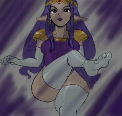 Rule 34 | 1girl, elf, feet, gloves, legs, lipstick, makeup, nintendo, pantyhose, pointy ears, princess hilda, purple hair, purple lips, red eyes, sitting, solo, the legend of zelda, the legend of zelda: a link between worlds, thick thighs, thighs