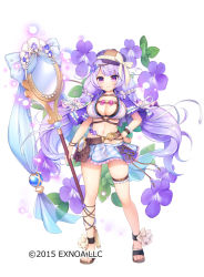 Rule 34 | 1girl, ankle bow, ankle ribbon, anklet, belt, bow, breasts, capelet, cleavage, closed mouth, deerstalker, flower, flower knight girl, frills, full body, hair flower, hair ornament, hair scrunchie, hand on own hip, hat, hat bow, holding, holding staff, jewelry, large breasts, leg ribbon, legs apart, long hair, looking at viewer, low-braided long hair, low-tied long hair, mg kurino, name connection, navel, object namesake, official art, plaid, plaid headwear, plaid skirt, purple bow, purple capelet, purple eyes, purple hair, purple hat, ribbon, sandals, scrunchie, simple background, skirt, smile, solo, staff, standing, streptocarpus (flower knight girl), thighlet, twintails, white background, white bow, wrist cuffs