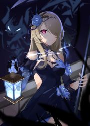 Rule 34 | 1girl, bad hoyolab id, bad id, bare shoulders, black dress, black gloves, brown hair, dress, flower, gloves, hair over one eye, highres, holding, holding lantern, holding scythe, holding weapon, honkai (series), honkai impact 3rd, lantern, long hair, long sleeves, looking at viewer, mole, mole under eye, off-shoulder dress, off shoulder, purple eyes, purple flower, purple rose, rita rossweisse, rita rossweisse (fallen rosemary), rose, scythe, single glove, solo, sparks summer, weapon