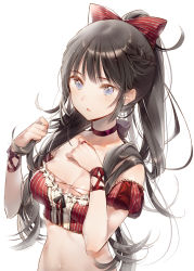Rule 34 | 1girl, :o, bandeau, bare shoulders, black bow, black hair, black ribbon, blue eyes, blunt bangs, bow, braid, breasts, choker, cleavage, collarbone, detached puffy sleeves, detached sleeves, dsmile, french braid, frills, hair bow, hair over shoulder, hand on own chest, hands up, holding, holding hair, long hair, looking at viewer, medium breasts, midriff, navel, no bra, open mouth, original, ponytail, red choker, red ribbon, ribbon, ribbon trim, sarah (dsmile), simple background, solo, strapless, striped, striped bow, upper body, white background, wrist ribbon