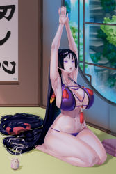 Rule 34 | 1girl, absurdres, alternate costume, armpits, arms up, azibuda, barefoot, bikini, bikini top only, breasts, curvy, fate/grand order, fate (series), halterneck, highres, huge breasts, indoors, long hair, low-tied long hair, minamoto no raikou (fate), navel, open mouth, parted bangs, purple bikini, purple eyes, purple hair, sitting, stretching, swimsuit, tassel, thick thighs, thighs, very long hair, window
