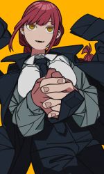 Rule 34 | 1girl, black necktie, black pants, braid, braided ponytail, business suit, chainsaw man, coat, coat on shoulders, collared shirt, formal, highres, interlocked fingers, long coat, makima (chainsaw man), necktie, own hands clasped, own hands together, pants, red hair, ringed eyes, shirt, simple background, solo, suit, yaya hiyayaka, yellow background, yellow eyes
