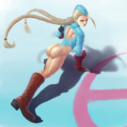 Rule 34 | 1990s (style), 1girl, ahoge, ass, back, back cutout, blonde hair, blue eyes, blue leotard, boots, braid, cammy white, capcom, clothing cutout, curvy, fingerless gloves, from behind, garrison cap, gloves, gradient background, hat, highleg, highleg leotard, huge ahoge, huge ass, jumping, knee boots, leotard, lips, long hair, looking at viewer, looking back, minari (miserariman), muscular, muscular female, retro artstyle, ribbed leotard, scar, shadow, shiny skin, shoulder pads, solo, street fighter, street fighter zero (series), thick thighs, thighs, thong leotard, twin braids, very long hair, wide hips