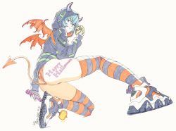 Rule 34 | 1girl, absurdres, ass, ayanami rei, blue hair, body writing, dated, hair between eyes, halloween, highres, iseki shuuichi, jack-o&#039;-lantern, jacket, legs, neon genesis evangelion, nike (company), on one knee, red eyes, shoes, short hair, simple background, skindentation, skull, sneakers, solo, striped clothes, striped thighhighs, tail, thighhighs, white background, wings