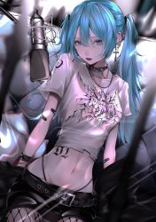 Rule 34 | 1girl, absurdres, bandaid, belt, blue eyes, blue hair, chain, choker, earrings, fishnet pantyhose, fishnets, hair between eyes, hatsune miku, highres, jewelry, looking at viewer, mano aaa, microphone, navel, necklace, pantyhose, parted lips, red lips, shirt, short sleeves, spiked choker, spikes, tattoo, torn clothes, torn shirt, twintails, vocaloid
