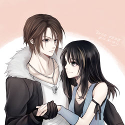 Rule 34 | 1boy, 1girl, arm ribbon, arm warmers, bare shoulders, black gloves, black hair, black jacket, black ribbon, blue cardigan, breasts, brown hair, cardigan, chain, chain necklace, final fantasy, final fantasy viii, fur collar, gloves, hair between eyes, hiryuu (kana h), holding hands, jacket, jewelry, long hair, looking at another, medium breasts, multicolored hair, necklace, pink background, ribbon, rinoa heartilly, scar, scar on face, shirt, short hair, smile, squall leonhart, streaked hair, two-tone background, white background, white shirt