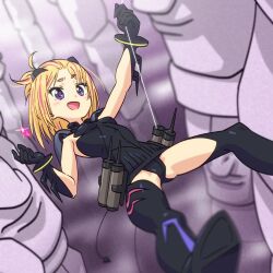 Rule 34 | 1girl, bangs pinned back, black gloves, black leotard, blonde hair, blurry, blurry background, blurry foreground, blush, boots, bracelet, breasts, cable, commentary request, cropped, crystal, flip flappers, fog, foot out of frame, furrowed brow, gloves, hand up, holding, jewelry, leotard, looking at viewer, magari (c0rn3r), medium breasts, medium hair, moai, multicolored hair, object floating above hand, pillar, purple eyes, raised eyebrow, rappelling, short eyebrows, shoulder pads, sleeveless, smile, solo, stack, streaked hair, thigh boots, yayaka