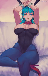 Rule 34 | 1girl, animal ears, aqua hair, arms up, bare shoulders, blue eyes, breasts, bulma, cuffs, dragon ball, fake animal ears, high heels, highres, large breasts, leotard, pantyhose, parted lips, playboy bunny, rabbit ears, red footwear, shexyo, signature, sitting, solo, thick thighs, thighs