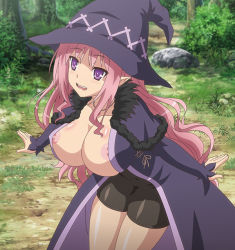 Rule 34 | 1girl, bike shorts, breasts, cleavage, collarbone, fur-trimmed jacket, fur trim, hat, huge breasts, jacket, jewelry, long hair, majin label, necklace, nipples, ochi mono rpg seikishi luvilias, open clothes, open jacket, open mouth, outdoors, pink hair, pointy ears, purple eyes, rifria, screencap, skindentation, wavy hair, witch hat