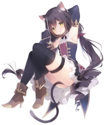 Rule 34 | 1girl, animal ear fluff, animal ears, armpits, arms up, black hair, black thighhighs, blouse, blue sleeves, boots, breasts, bridal garter, brown footwear, cat ears, cat girl, cat tail, commentary request, detached sleeves, frilled skirt, frills, full body, green eyes, hair between eyes, high heel boots, high heels, karyl (princess connect!), long hair, long sleeves, low twintails, multicolored hair, princess connect!, purple skirt, shiratama (shiratamaco), shirt, simple background, skirt, sleeveless, sleeveless shirt, small breasts, solo, streaked hair, tail, thighhighs, twintails, very long hair, white background, white hair, white shirt