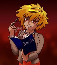 Rule 34 | 1girl, animification, artist request, blonde hair, book, brown jacket, crossover, death note, death note (object), death tome, dress, holding, holding book, holding pen, hylianghoul, jacket, jewelry, lisa simpson, necklace, orange dress, orange eyes, pearl necklace, pen, solo, spiked hair, the simpsons, treehouse of horror