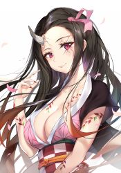 Rule 34 | 1girl, black hair, breasts, brown hair, checkered sash, cleavage, closed mouth, commentary request, fang, fang out, fingernails, forehead, gradient hair, hair ribbon, highres, horns, japanese clothes, kamado nezuko, kimetsu no yaiba, kimono, long fingernails, long hair, looking at viewer, medium breasts, multicolored hair, nail polish, obi, parted bangs, pdxen, petals, pink kimono, pink ribbon, red eyes, red nails, ribbon, sash, sharp fingernails, short sleeves, single horn, smile, solo, spoilers, upper body, very long hair, white background