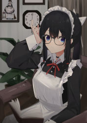Rule 34 | 1girl, absurdres, apron, armchair, black choker, black dress, black hair, blue eyes, blurry, book, book on lap, chair, chichi guai, chinese commentary, choker, clock, closed mouth, commentary request, curtains, depth of field, dress, glasses, hand up, highres, holding, holding book, indoors, long hair, long sleeves, looking at viewer, maid, maid apron, maid headdress, neck ribbon, on chair, original, plant, ponytail, potted plant, reading, red ribbon, ribbon, sitting, soft focus, solo, white apron